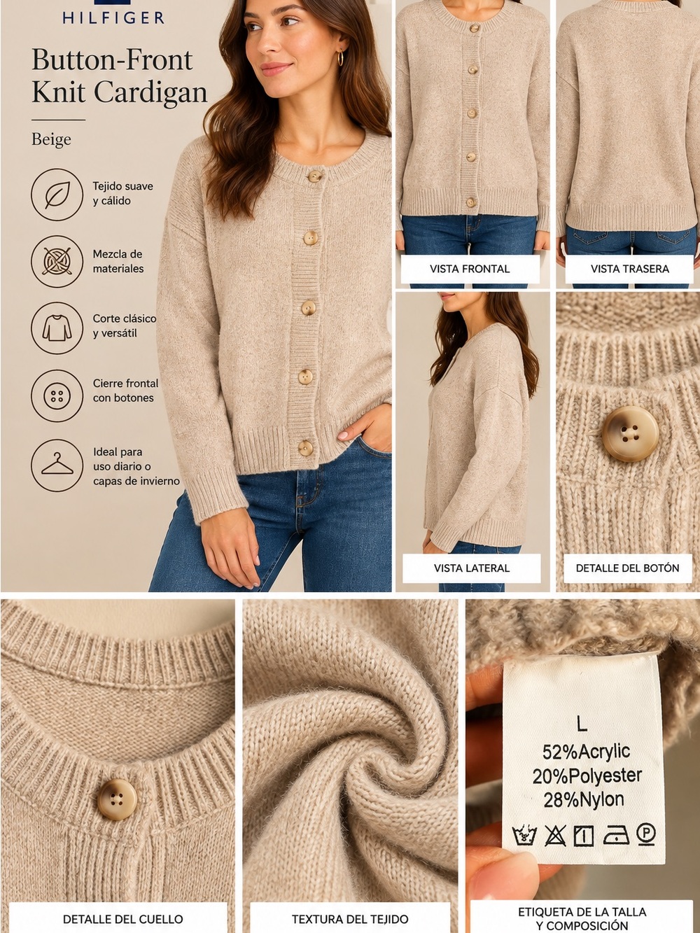 Tommy Hilfiger Beige Button-Front Knit Cardigan Sweater